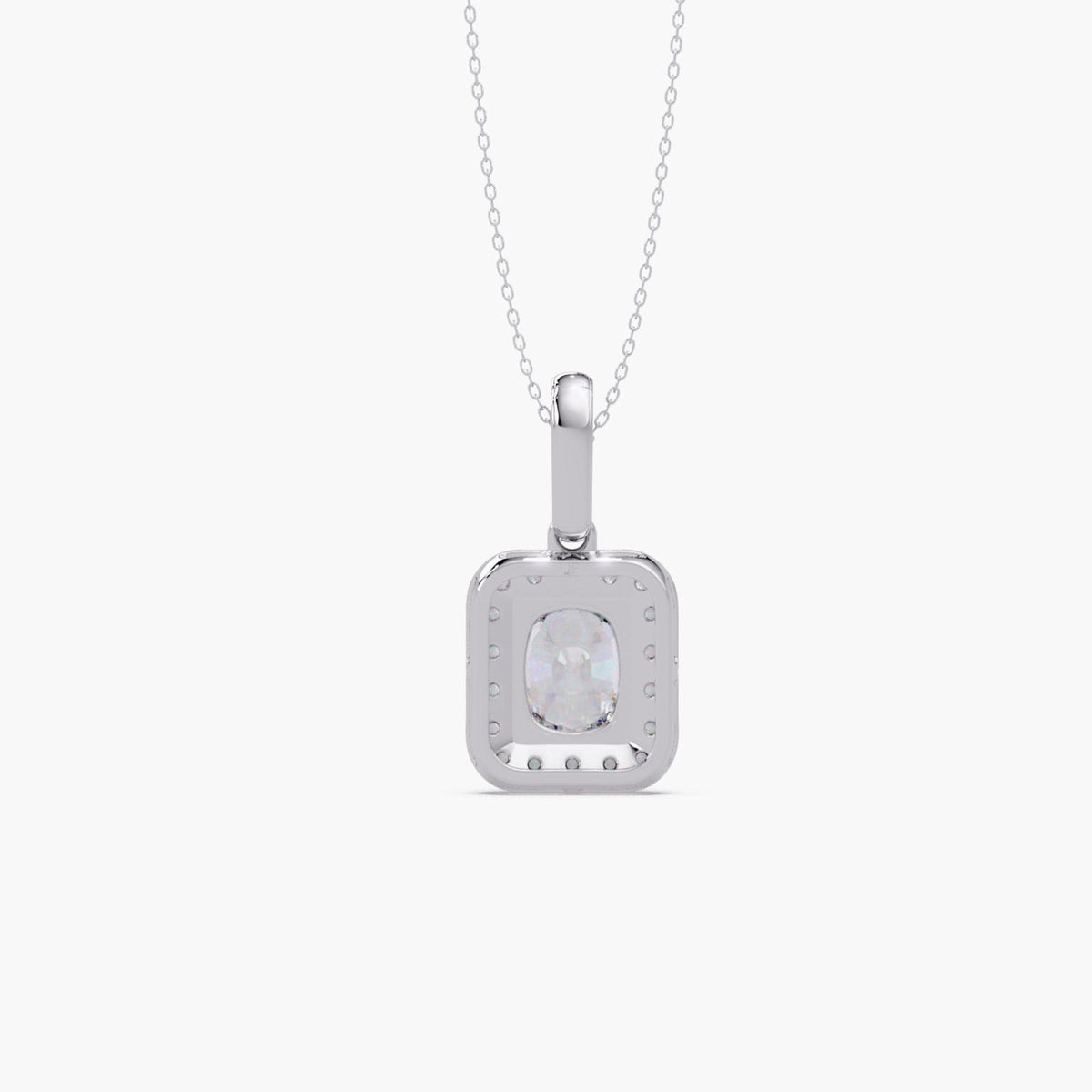 14K white gold cushion cut lab grown diamond halo pendant necklace with pavé halo and pavé bail on 16–18 inch cable chain, 3.50 CTW, IGI certified 3 CT center diamond