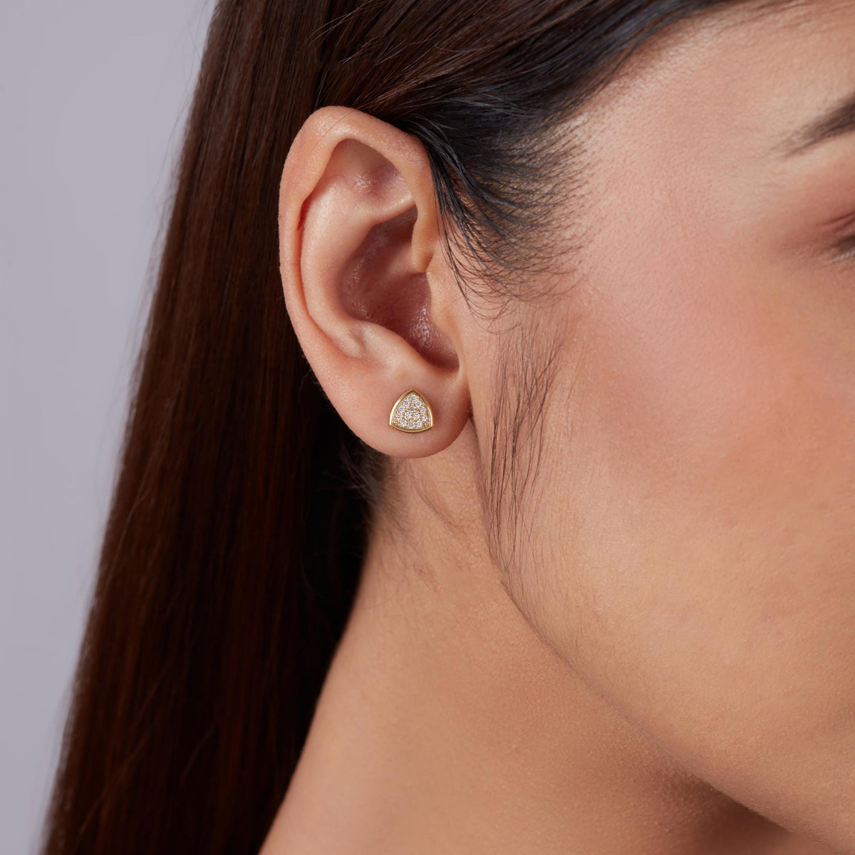 Small lab diamond triangle stud earrings in solid 14K gold, minimalist pavé studs for everyday wear