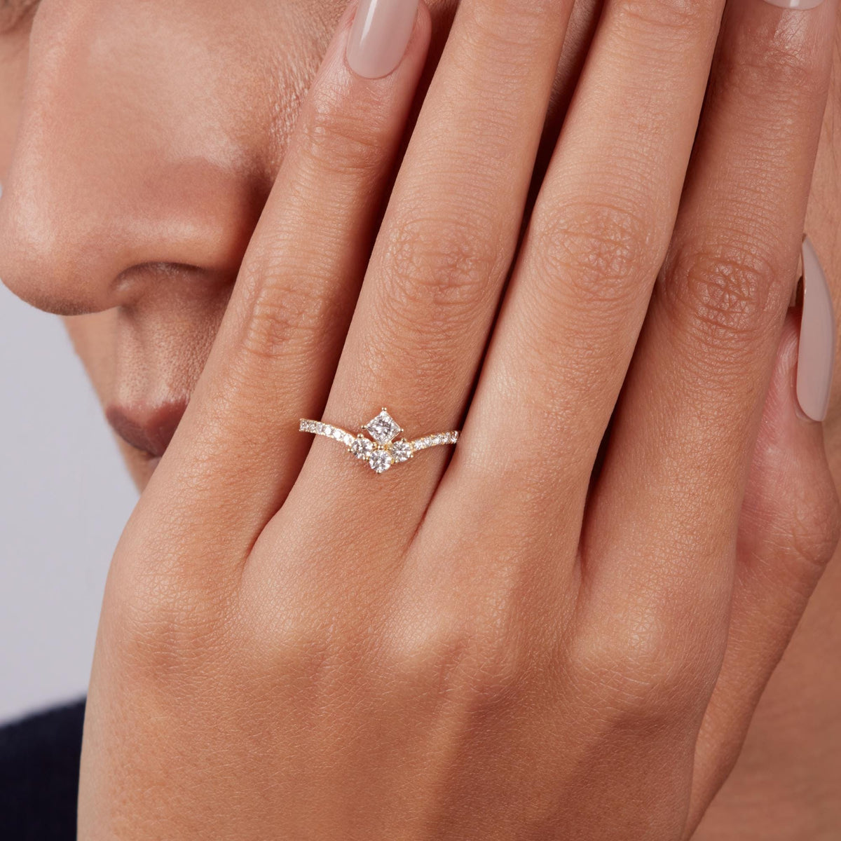 0.50 CTW Lab Diamond Princess Ring • 14K Gold Tiara V Promise Ring • Dainty Crown Engagement Ring