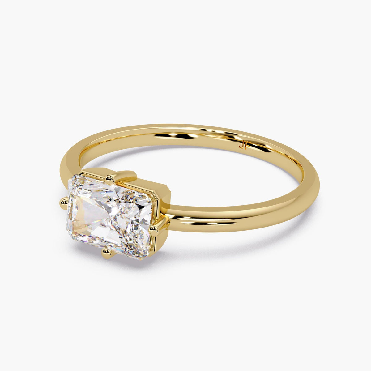 1 ct radiant cut lab diamond engagement ring set east west in 14k yellow gold solitaire setting
