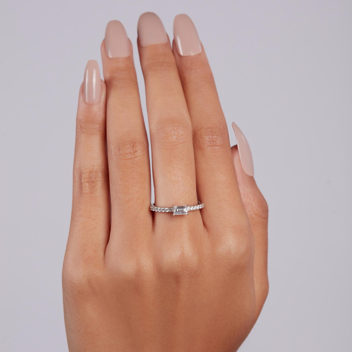 Baguette Diamond Ring | Lab Grown 0.40 CTW East West Engagement Ring | Petite Pave Band