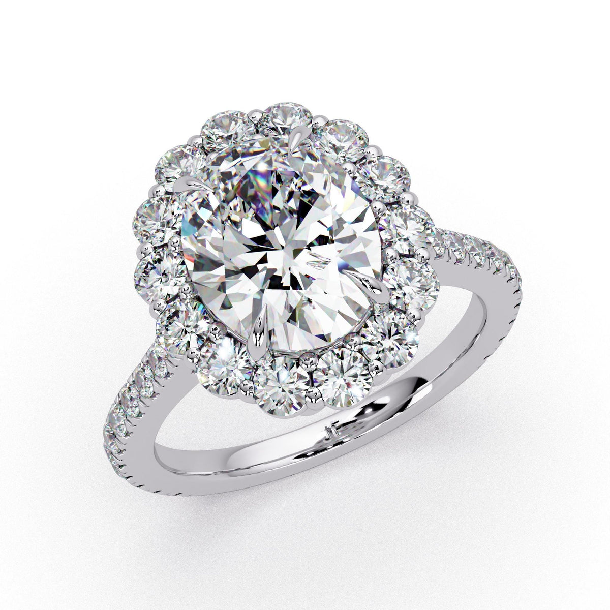 14K white gold oval halo engagement ring featuring a 2.5 carat IGI certified oval lab grown diamond center with round diamond halo and pavé band, total 3.5 ctw cathedral setting