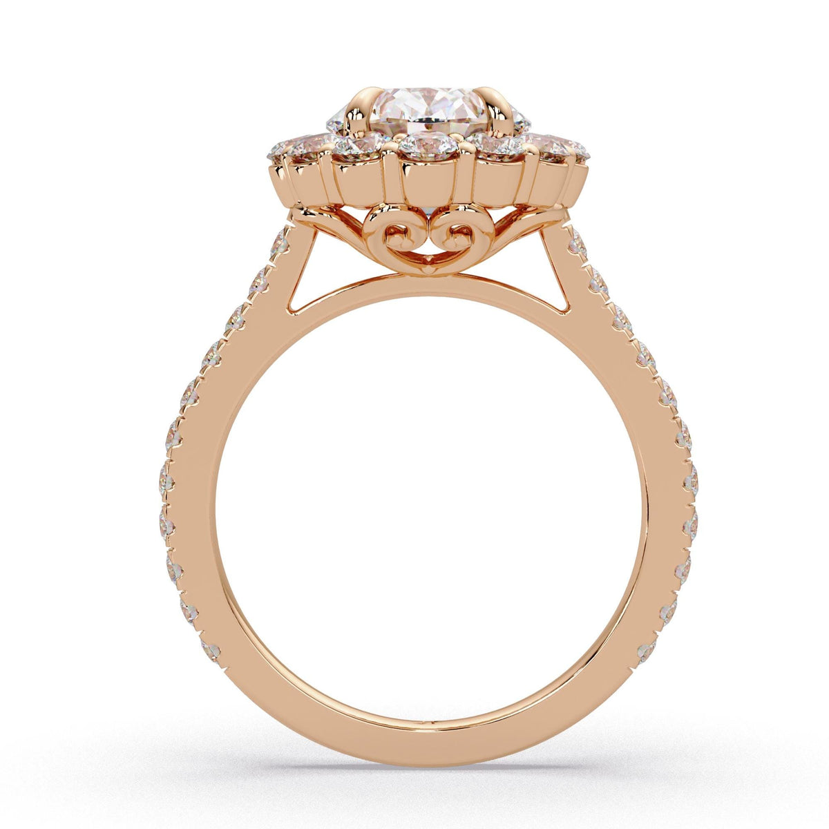 14K rose gold oval halo engagement ring featuring a 2.5 carat IGI certified oval lab grown diamond center with round diamond halo and pavé band, total 3.5 ctw cathedral setting