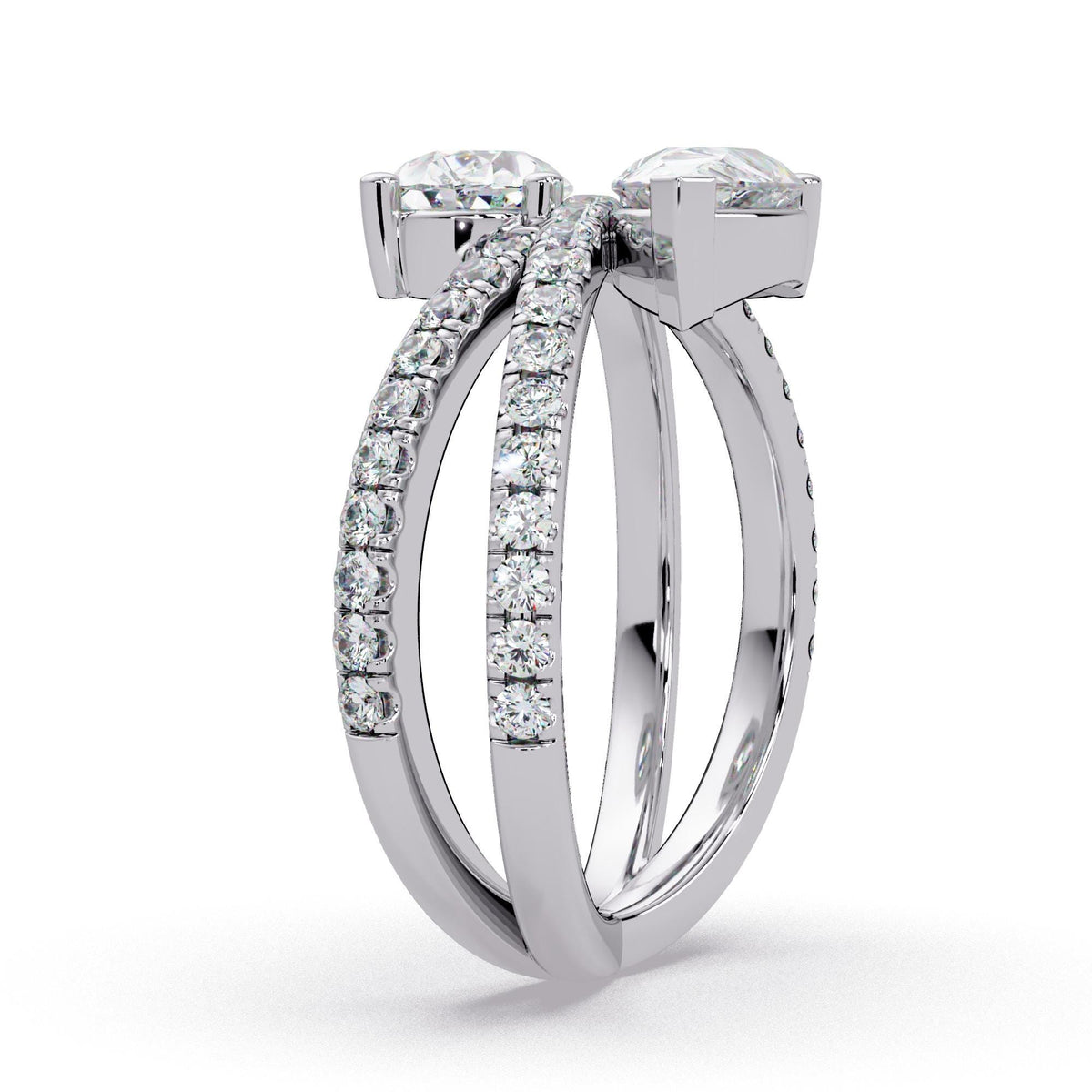 14K white gold pear lab diamond bypass ring with double pavé crossover band, asymmetrical two stone design