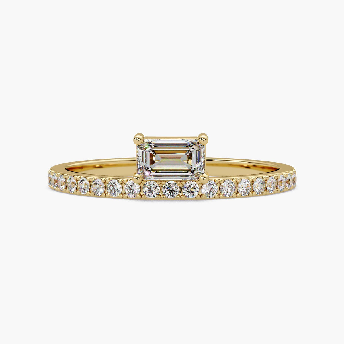 14k gold emerald cut east west lab diamond engagement ring with pave diamond band 0.50 ctw