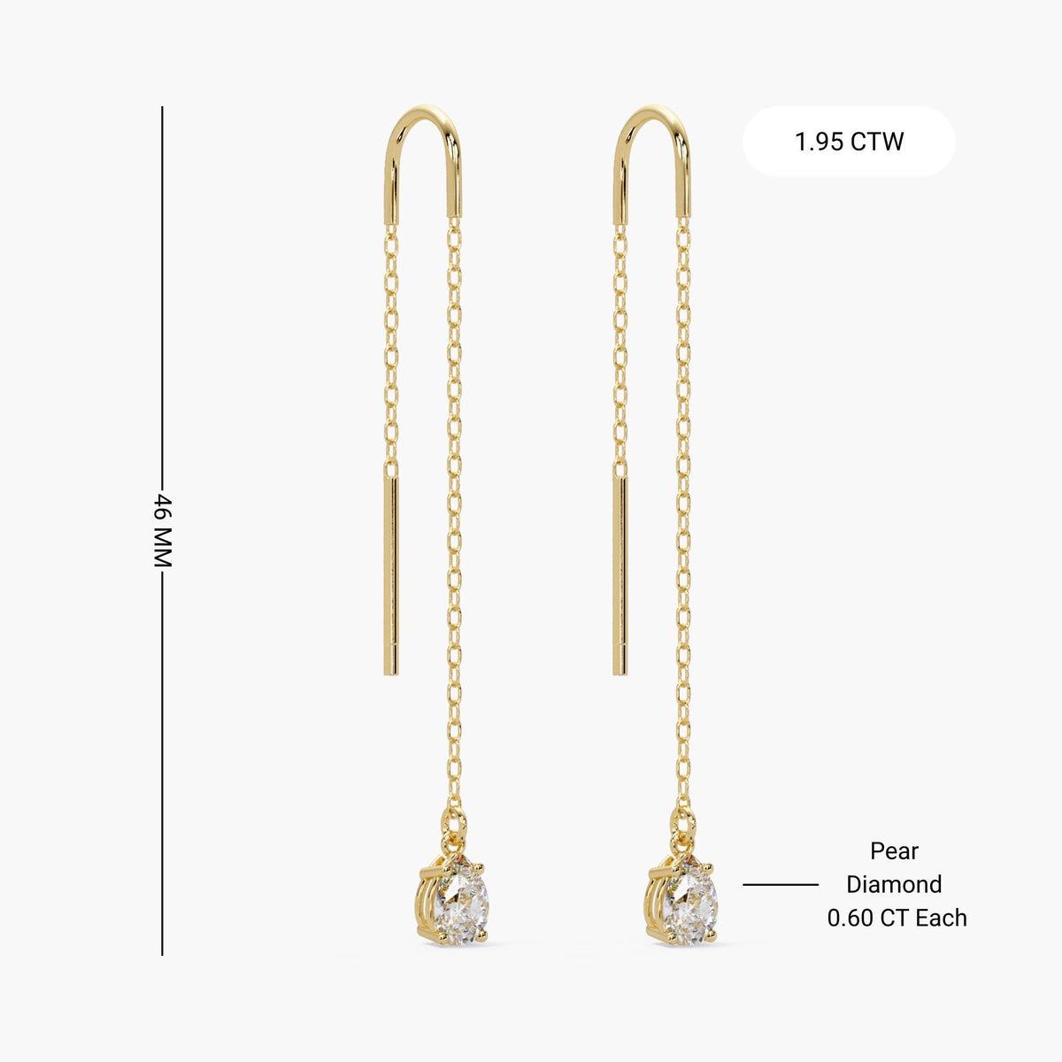pear shaped lab grown diamond earrings in 14k gold, large pear diamond drop threader earrings, bridal gold diamond jewelry