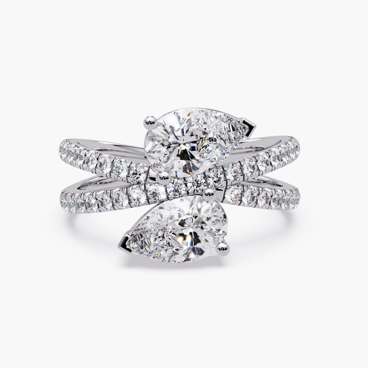 14K white gold pear lab diamond bypass ring with double pavé crossover band, asymmetrical two stone design