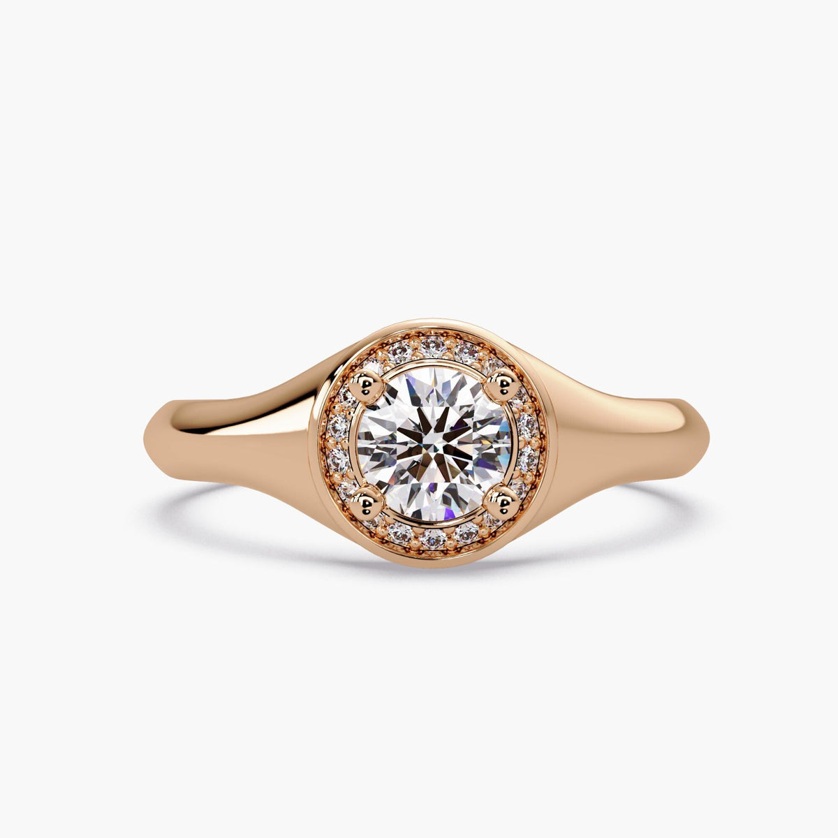 14k rose gold round halo lab diamond ring, pinky signet style diamond ring, graduation gift