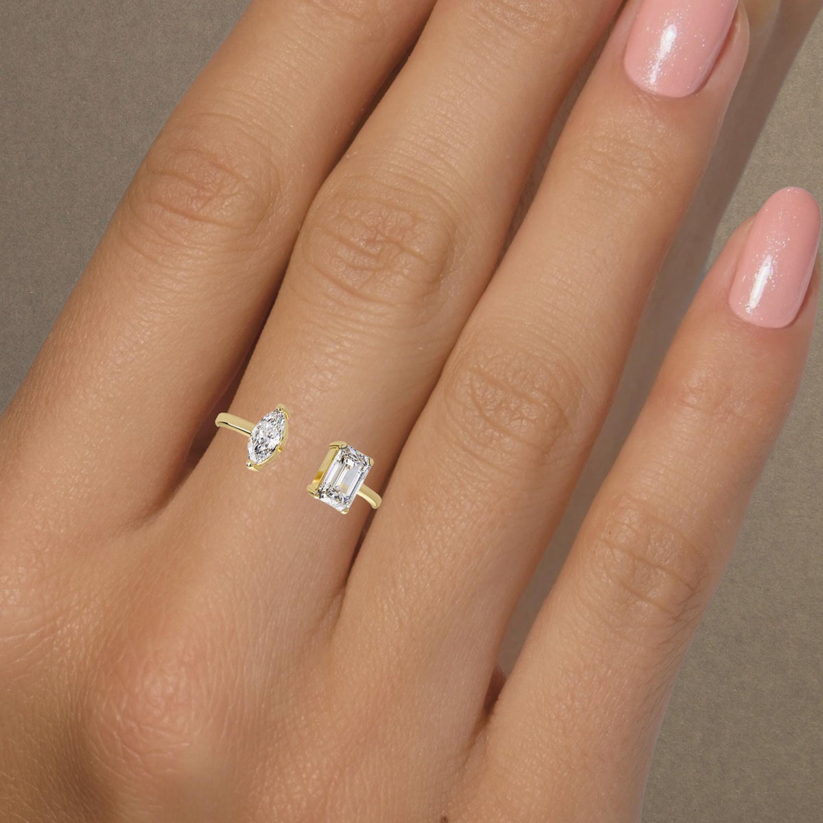 14k gold toi et moi low profile, open ring lab grown diamond, open diamond ring 14k, open ring gold diamond, lab diamond open band, lab diamond ring marquise, lab created diamond emerald ring, diamond ring two stone lab, stones on opposite end band, open gap lab grown band, cuff band ring, 14k gold cuff ring, open cut band, minimal unique ring, dainty stackable bands
