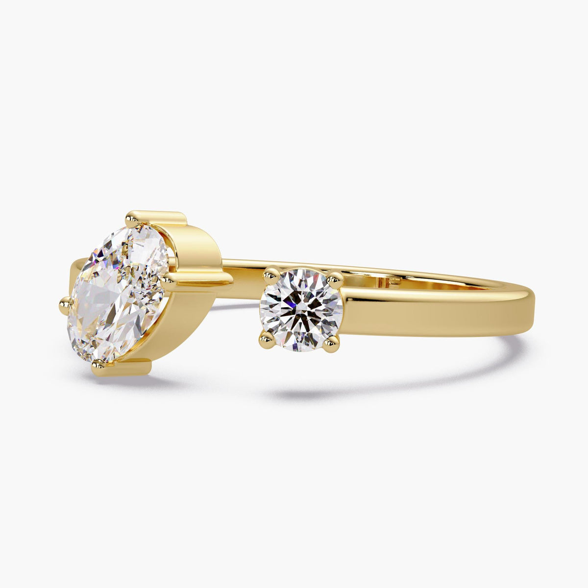 toi et moi lab diamond ring, two stone lab diamond ring, tilted oval lab diamond ring, oval round diamond two stone ring, open lab diamond ring 14k gold, bypass lab diamond ring 14k, modern toi et moi engagement ring, dainty two stone diamond ring, low profile lab diamond ring, stackable lab diamond ring 14k gold