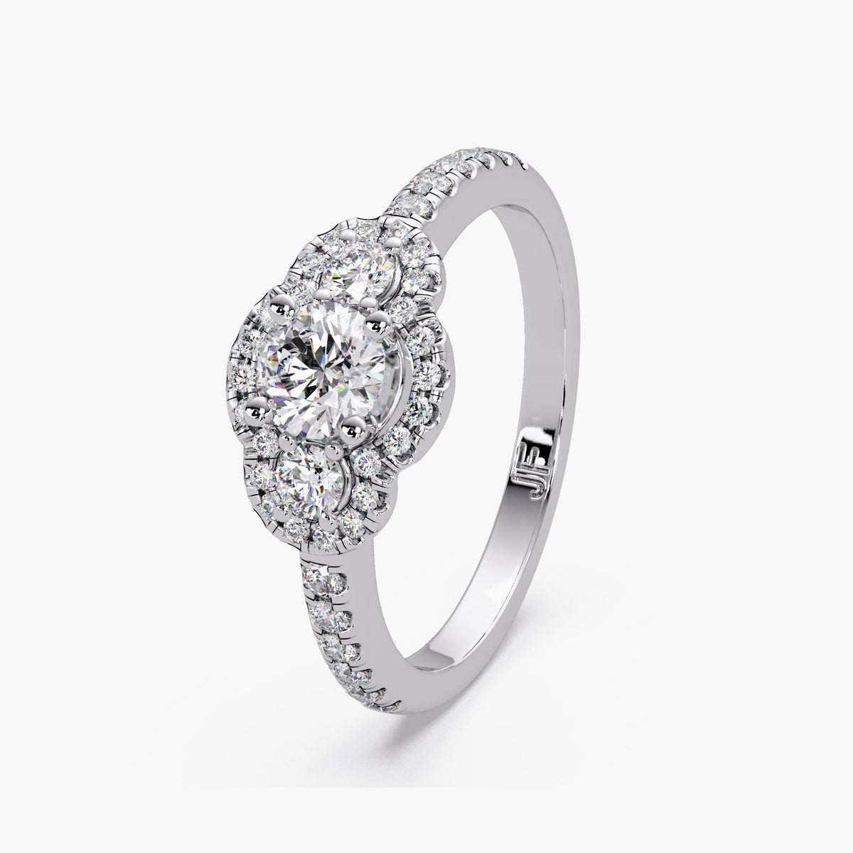 Round lab diamond three stone halo engagement ring in 14K white gold with pavé diamond band and vintage inspired cluster halo design.