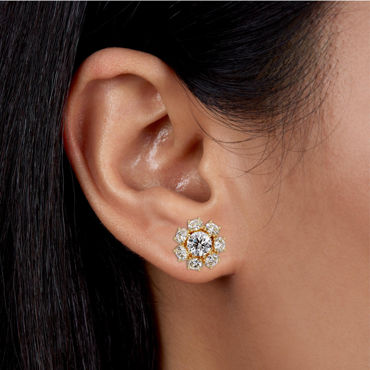 15mm Diamond Cluster Studs, 3.75Ctw Oval and Round Diamond Earrings