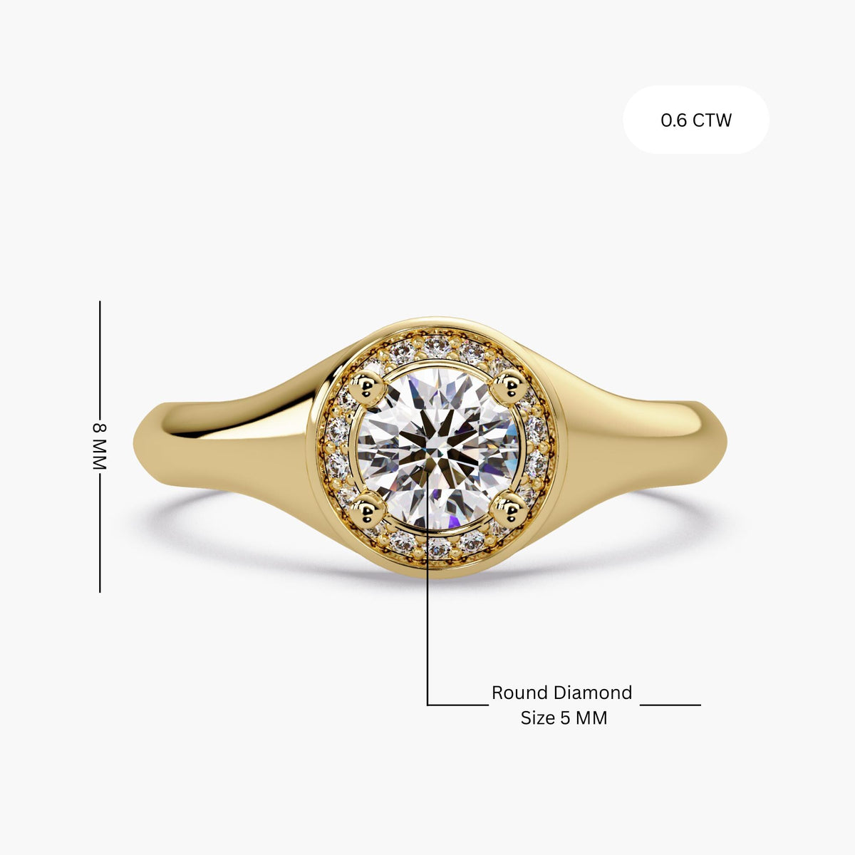 14k yellow gold round halo lab diamond ring, pinky signet style diamond ring, graduation gift