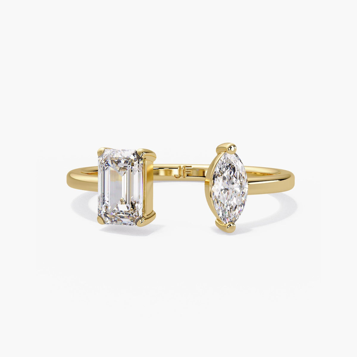 14k gold toi et moi low profile, open ring lab grown diamond, open diamond ring 14k, open ring gold diamond, lab diamond open band, lab diamond ring marquise, lab created diamond emerald ring, diamond ring two stone lab, stones on opposite end band, open gap lab grown band, cuff band ring, 14k gold cuff ring, open cut band, minimal unique ring, dainty stackable bands