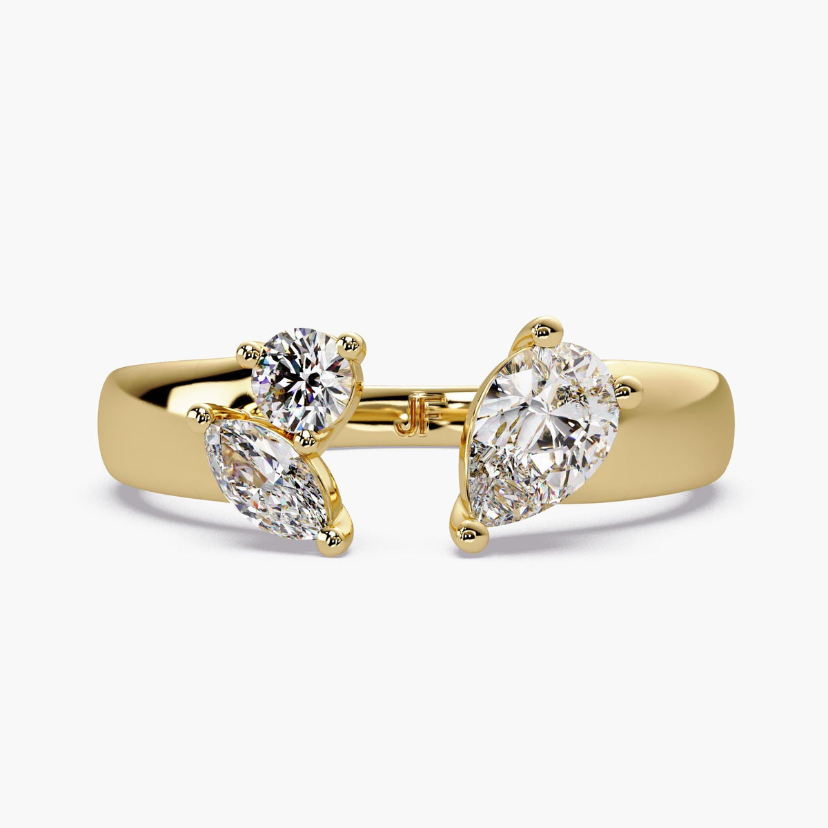 Multi shape lab grown diamond open ring in solid 14K gold featuring pear, round, and marquise stones in a sculptural wrap design.
Designed as a statement cigar band ring with a modern toi et moi feel, ideal for everyday styling or bold stacking.
A refined diamond ring for gifting, occasions, or a standout everyday piece.