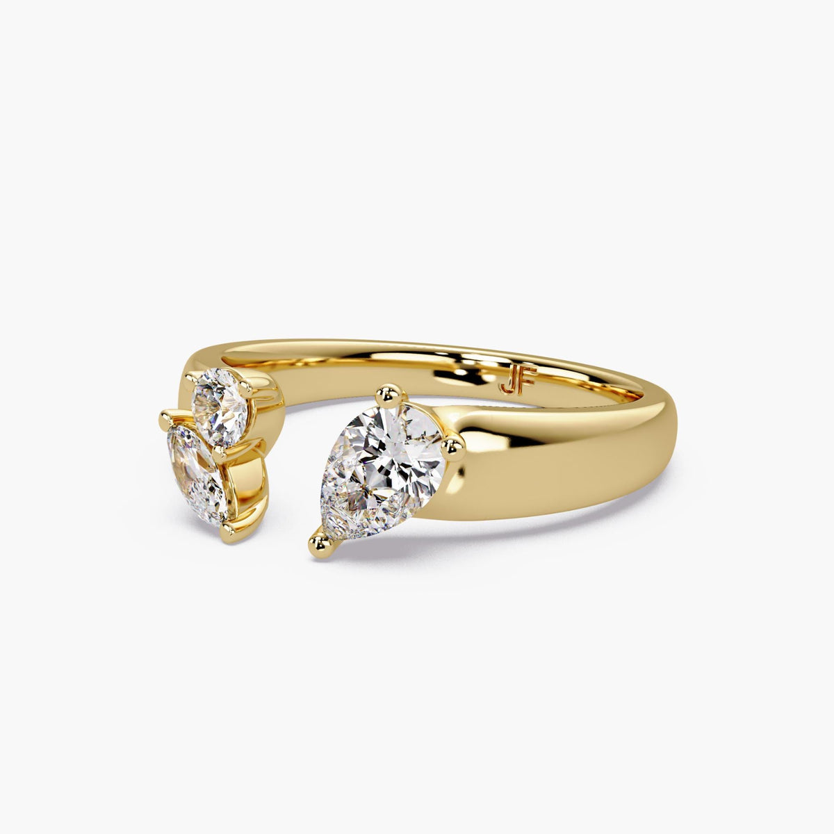 Multi shape lab grown diamond open ring in solid 14K gold featuring pear, round, and marquise stones in a sculptural wrap design.
Designed as a statement cigar band ring with a modern toi et moi feel, ideal for everyday styling or bold stacking.
A refined diamond ring for gifting, occasions, or a standout everyday piece.