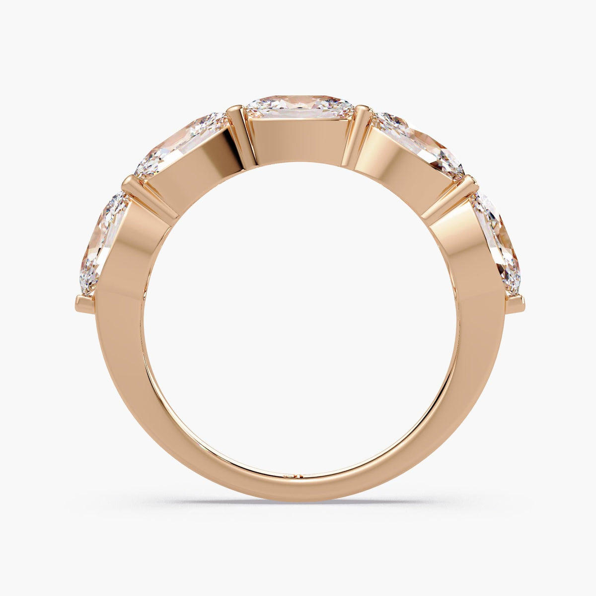 A showstopping east-west oval band, this 5-stone lab grown diamond ring features five 0.35 ct oval diamonds, creating an approximate 4mm diamond band across the finger.
This lab grown diamond anniversary band stacks effortlessly and makes a beautiful anniversary gift.