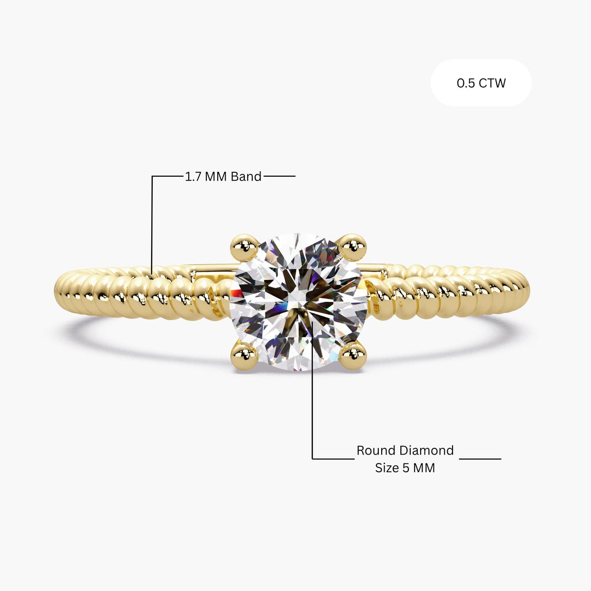 14K Gold Rope Diamond Ring, Twist Band Diamond Ring, Minimalist Stacking Ring, Round Solitaire Ring, Dainty Gold Stack Ring