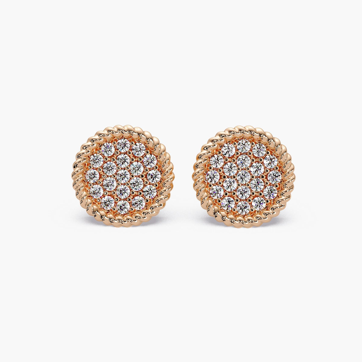 14K Gold Diamond Pave Disc Stud Earrings, 8.5mm Natural Diamond Cluster