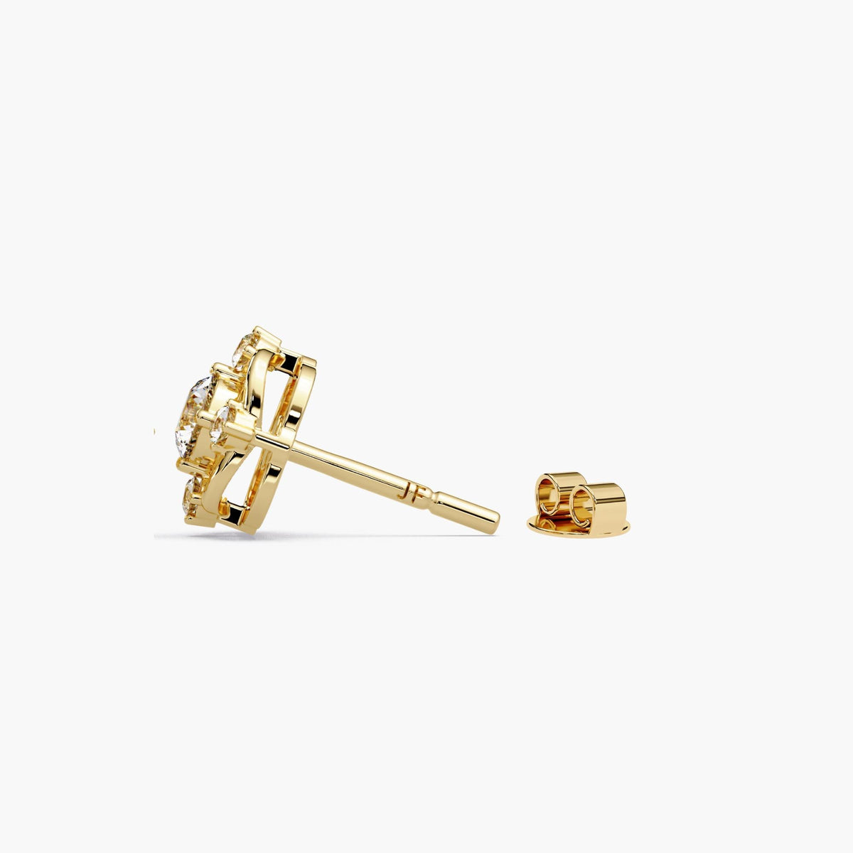 side view diamond cluster studs 14k gold push back closure