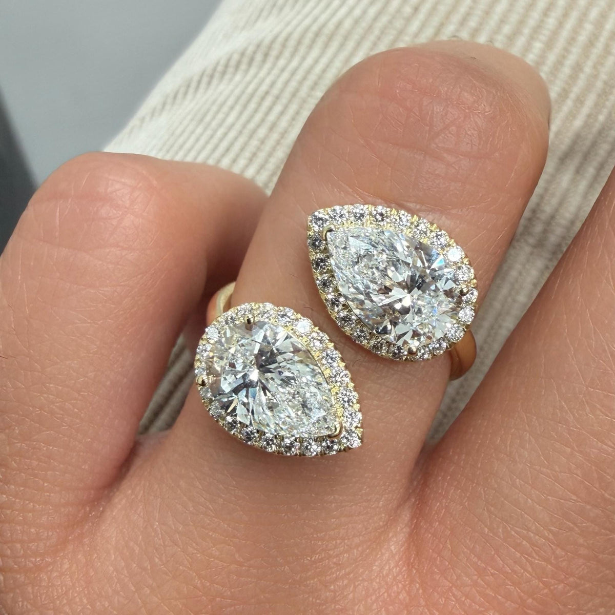 14K Gold Double Pear Lab Diamond Toi et Moi Ring: 3.25 CTW