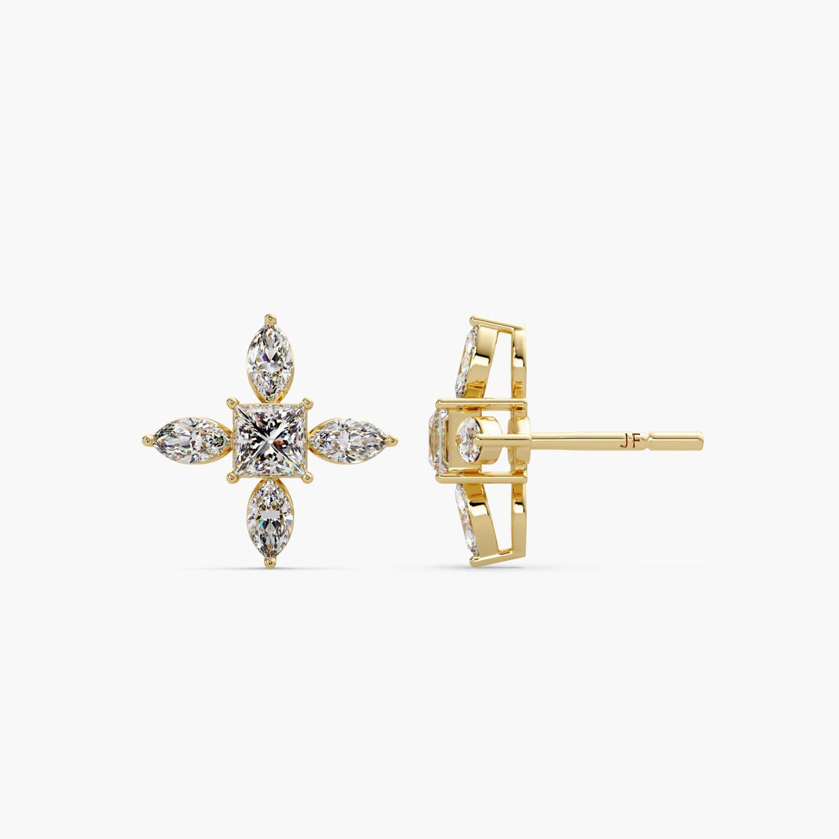 14k gold princess and marquise diamond stud earrings front and side view / marquise cluster diamond studs prong setting profile / floral diamond stud earrings 13mm statement size / lab grown diamond flower studs gold close up / statement diamond studs side view basket setting