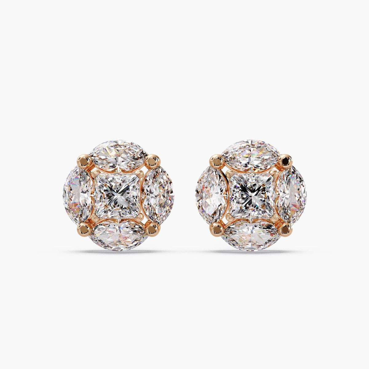14K rose gold diamond cluster studs / diamond cluster earrings large / square diamond illusion earrings / lab diamond illusion earrings / cluster lab grown diamond earrings / princess cut earrings women