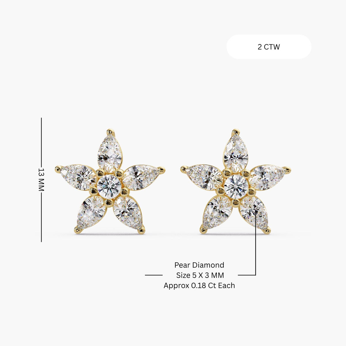 Pear Diamond Flower Stud Earrings, 14K Gold Lab Diamond Cluster Studs, 2 CTW Floral Studs
