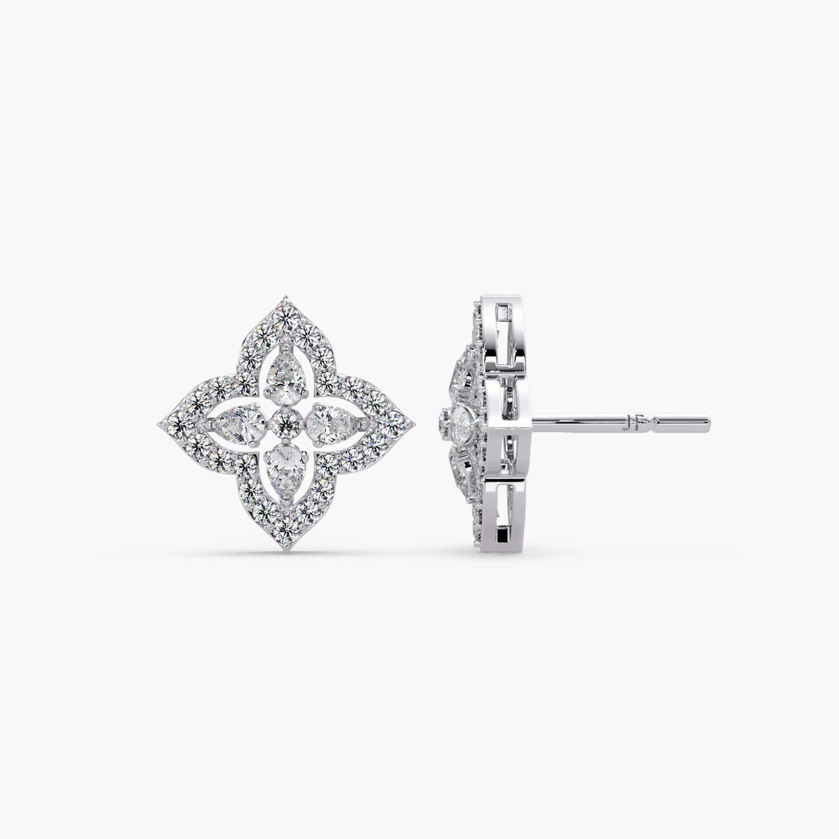 14K white gold lab diamond cluster stud earrings, floral clover design with halo setting