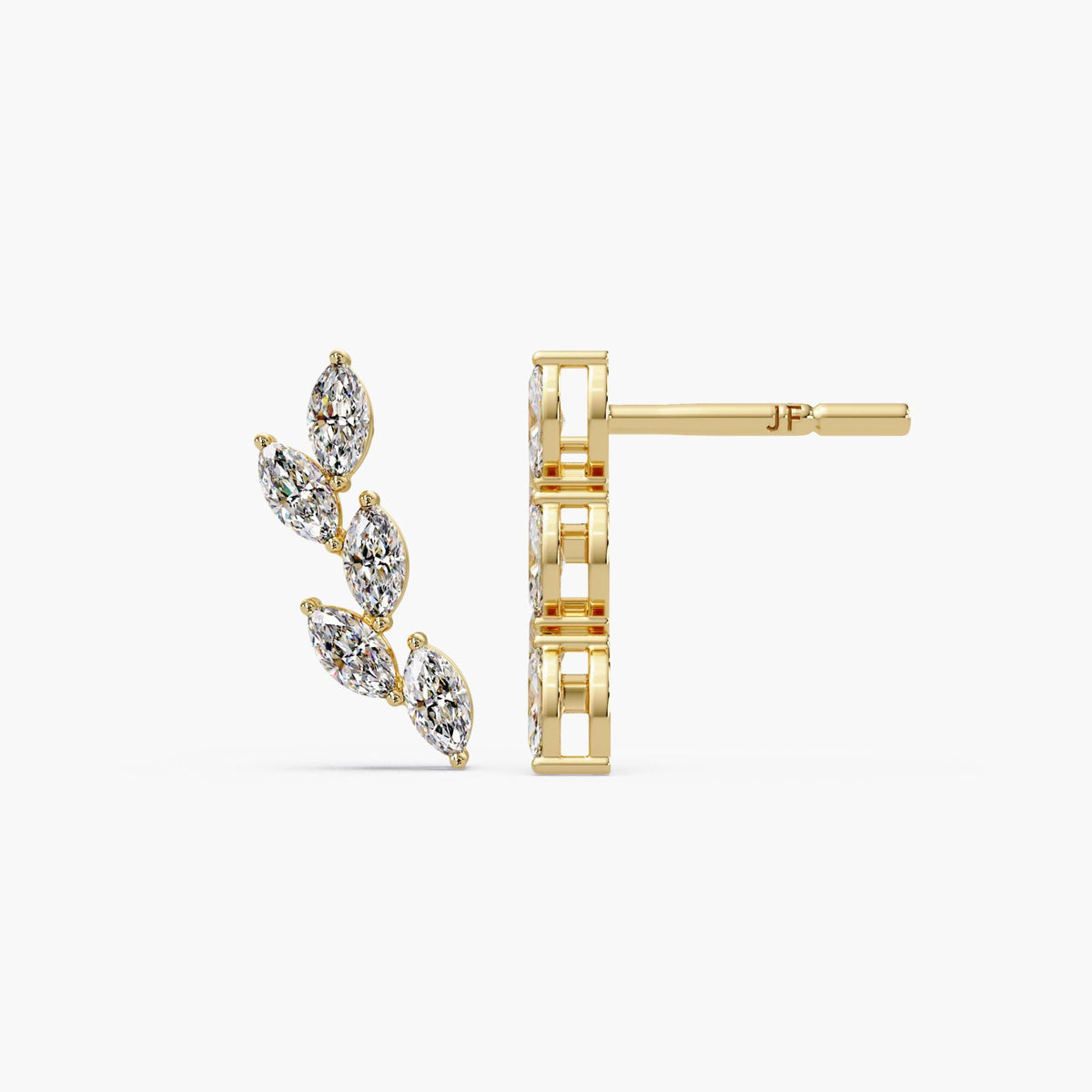 Lab grown marquise diamond stud earrings in 14K gold, leaf vine inspired minimalist earrings