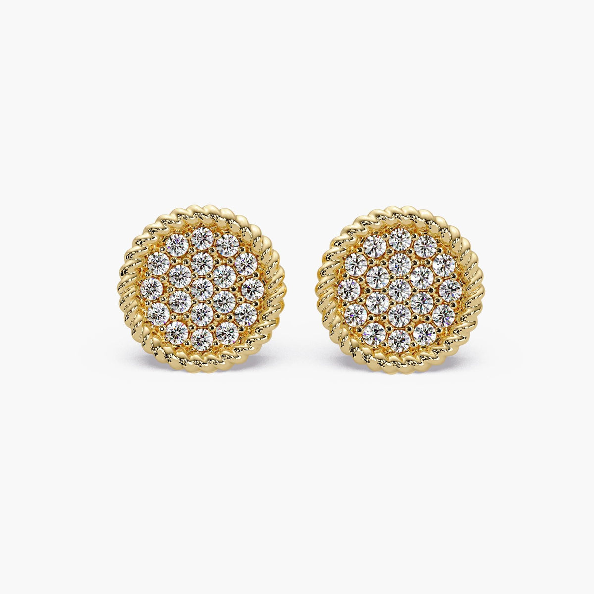 14K Gold Diamond Pave Disc Stud Earrings, 8.5mm Natural Diamond Cluster
