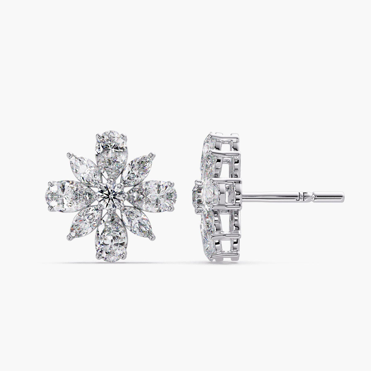 14K White gold floral cluster earrings, diamond flower earrings, petal diamond earrings, marquise floral studs, pear cluster earrings, diamond blossom studs, statement diamond studs, luxury diamond studs, bridal flower earrings, wedding stud earrings, elegant diamond studs, fine jewelry studs, sparkly diamond studs, modern floral earrings, designer diamond studs, bold diamond earrings, nature inspired earrings, premium diamond studs, high sparkle earrings, timeless diamond studs