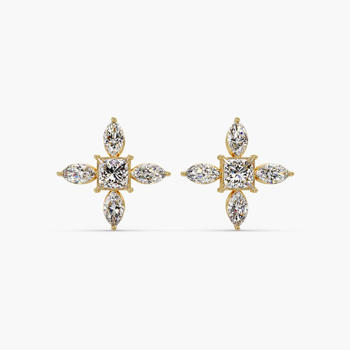 14k gold princess and marquise diamond stud earrings front and side view / marquise cluster diamond studs prong setting profile / floral diamond stud earrings 13mm statement size / lab grown diamond flower studs gold close up / statement diamond studs side view basket setting