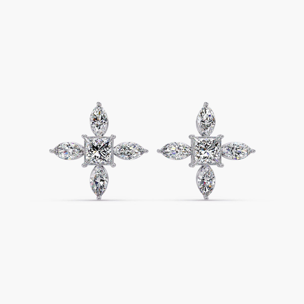 14k white gold princess and marquise diamond stud earrings / marquise cluster diamond studs white gold / floral diamond stud earrings statement size / lab grown diamond flower studs white gold / large diamond studs princess center cluster
