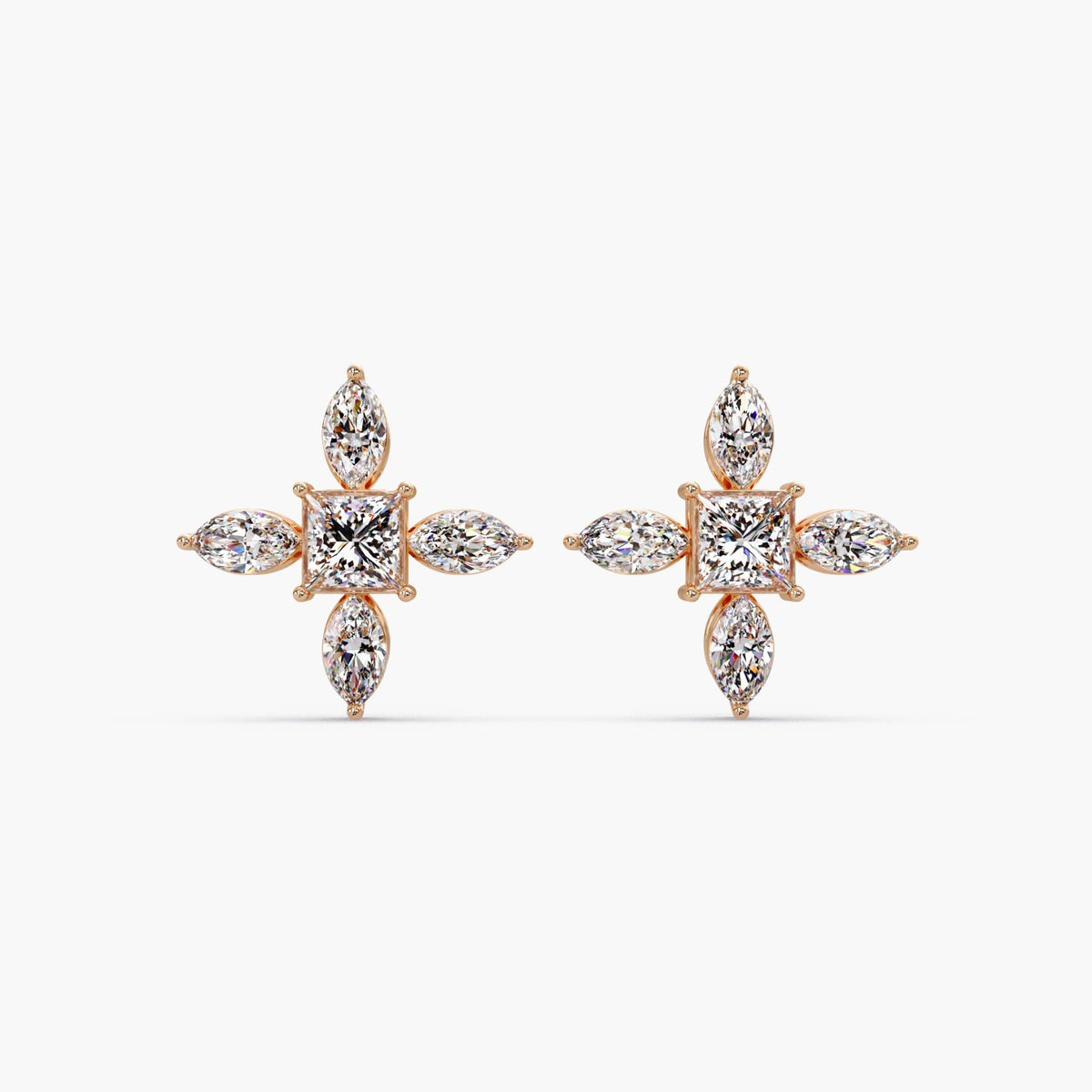 14k rose gold princess and marquise diamond stud earrings / marquise cluster diamond studs rose gold / floral diamond stud earrings statement size / lab grown diamond flower studs rose gold / large diamond studs princess center cluster