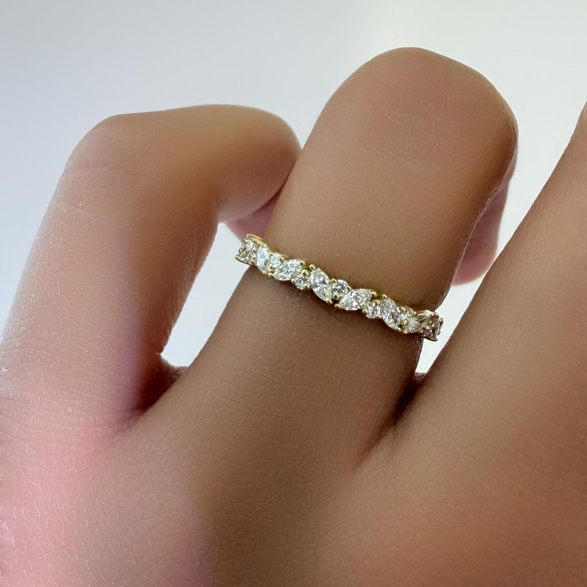 14K Gold Alternating Marquise & Round Diamond Band, Mix Cut Half Eternity Wedding Ring, Dainty Stacking Ring for Women