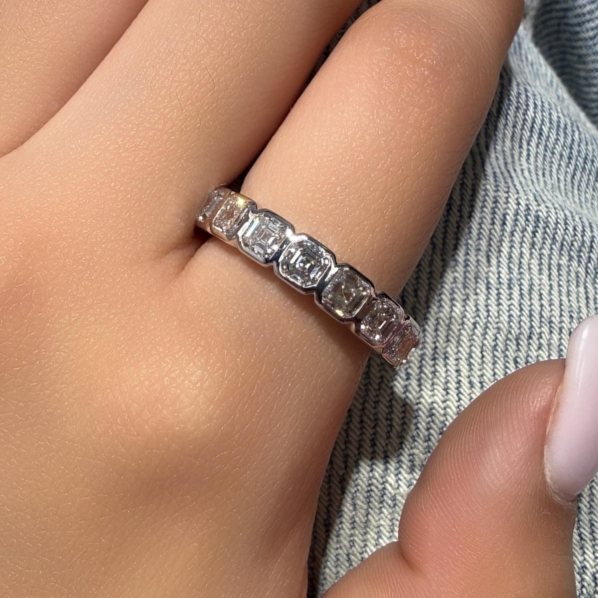 14K Gold Bezel Asscher Cut Lab Diamond Band, 1.80 CTW Half Eternity Ring