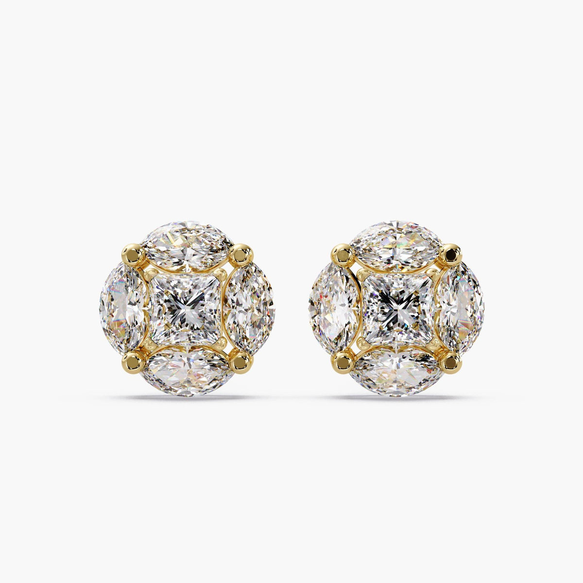 14K gold diamond cluster studs / diamond cluster earrings large / square diamond illusion earrings / lab diamond illusion earrings / cluster lab grown diamond earrings / princess cut earrings women