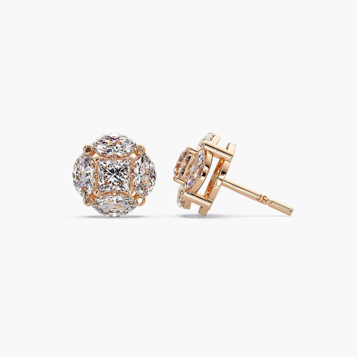 14K rose gold diamond cluster studs / diamond cluster earrings large / square diamond illusion earrings / lab diamond illusion earrings / cluster lab grown diamond earrings / princess cut earrings women