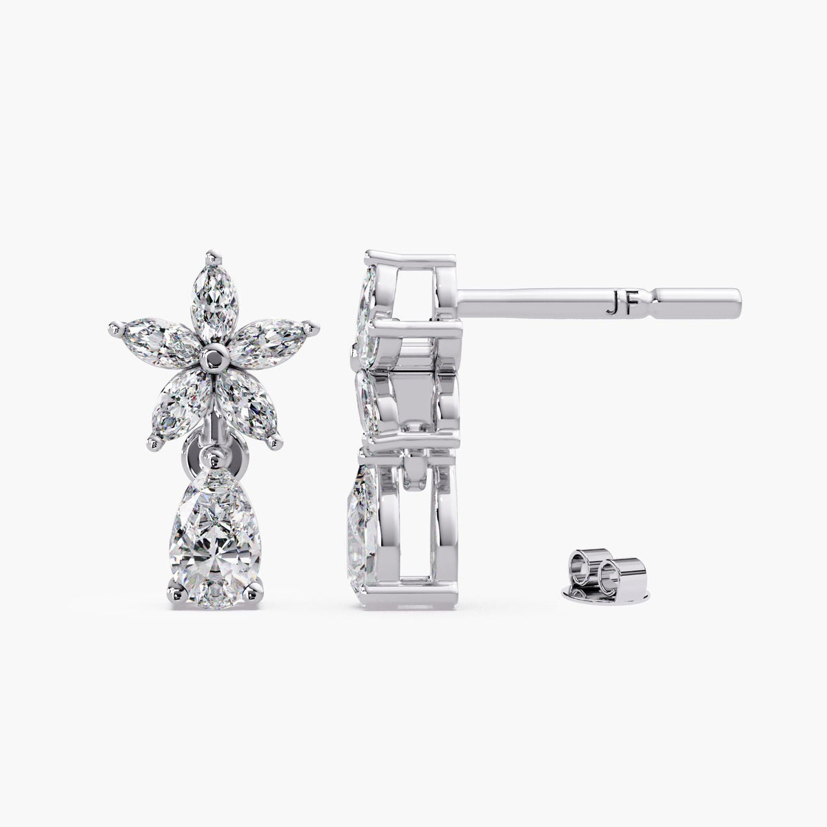 14k white gold and lab diamond flower earrings / floral diamond earrings / diamond drop earrings / cluster diamond earrings / pear drop earrings / gold drop earrings / diamond flower drop earrings / floral cluster drop earrings / pear diamond drop studs
