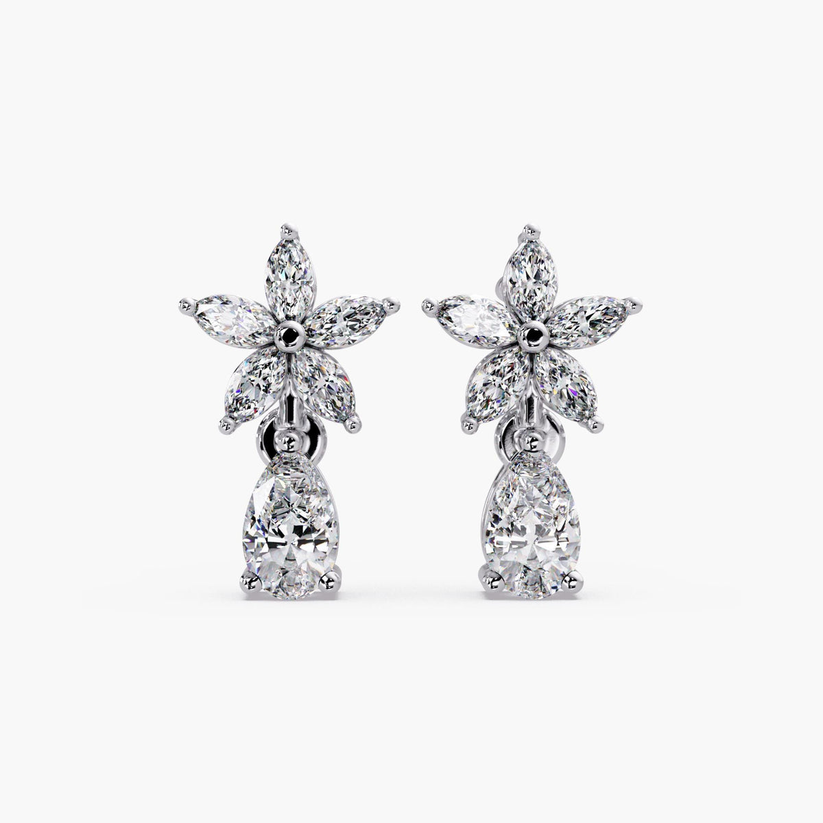 14k white gold and lab diamond flower earrings / floral diamond earrings / diamond drop earrings / cluster diamond earrings / pear drop earrings / gold drop earrings / diamond flower drop earrings / floral cluster drop earrings / pear diamond drop studs