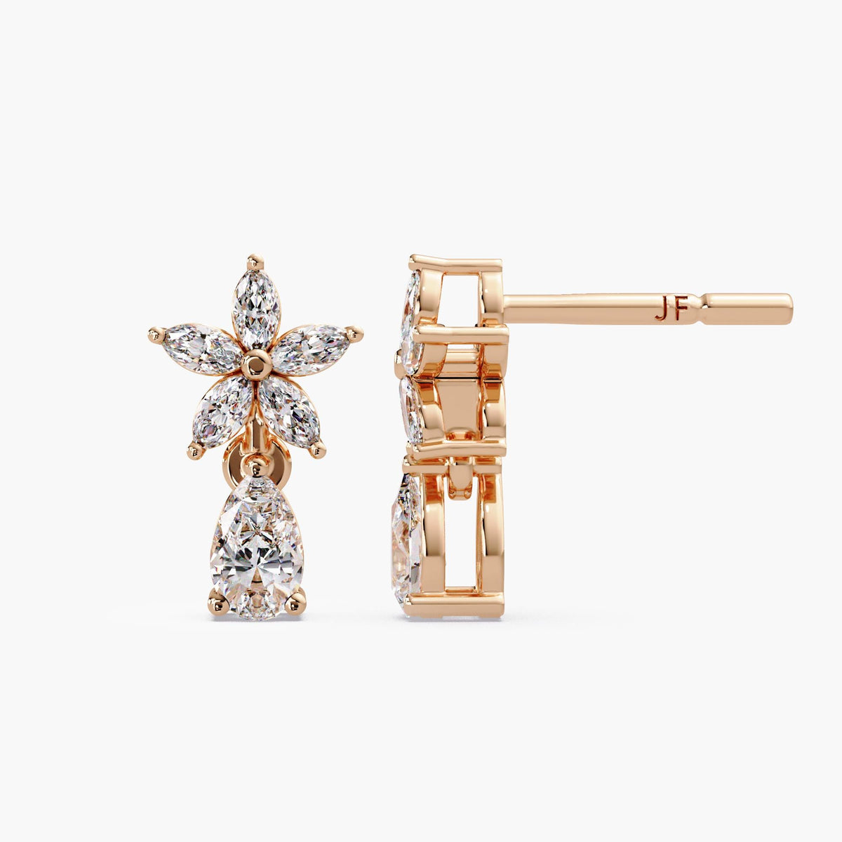 14k rose gold and lab diamond flower earrings / floral diamond earrings / diamond drop earrings / cluster diamond earrings / pear drop earrings / gold drop earrings / diamond flower drop earrings / floral cluster drop earrings / pear diamond drop studs