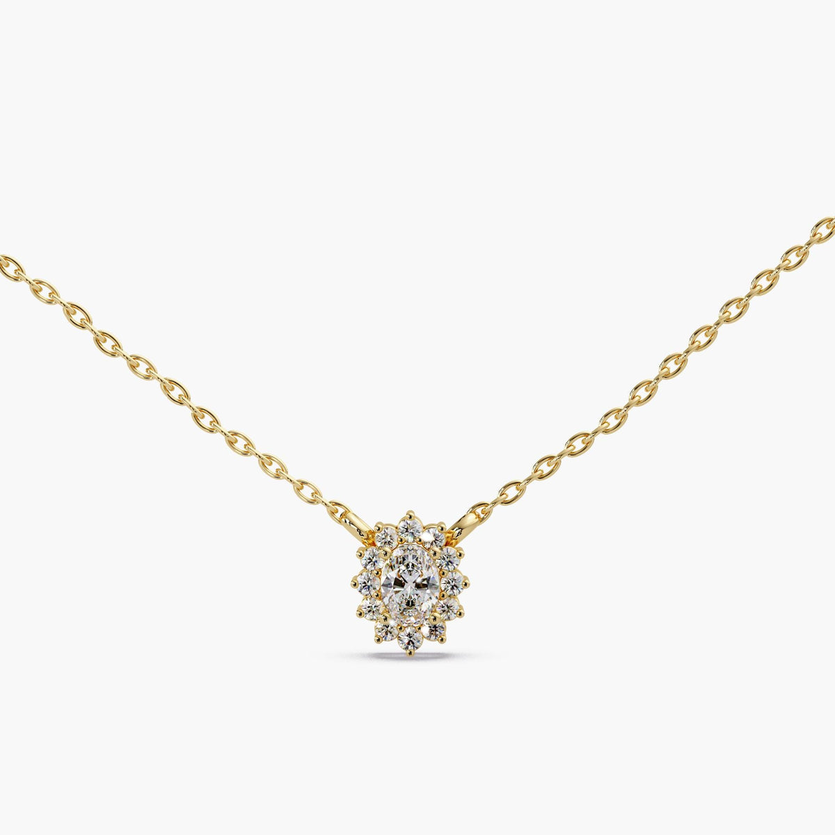 Dainty Oval Halo Diamond Pendant, Sunburst Halo Necklace, 14K Gold Lab Diamond Necklace