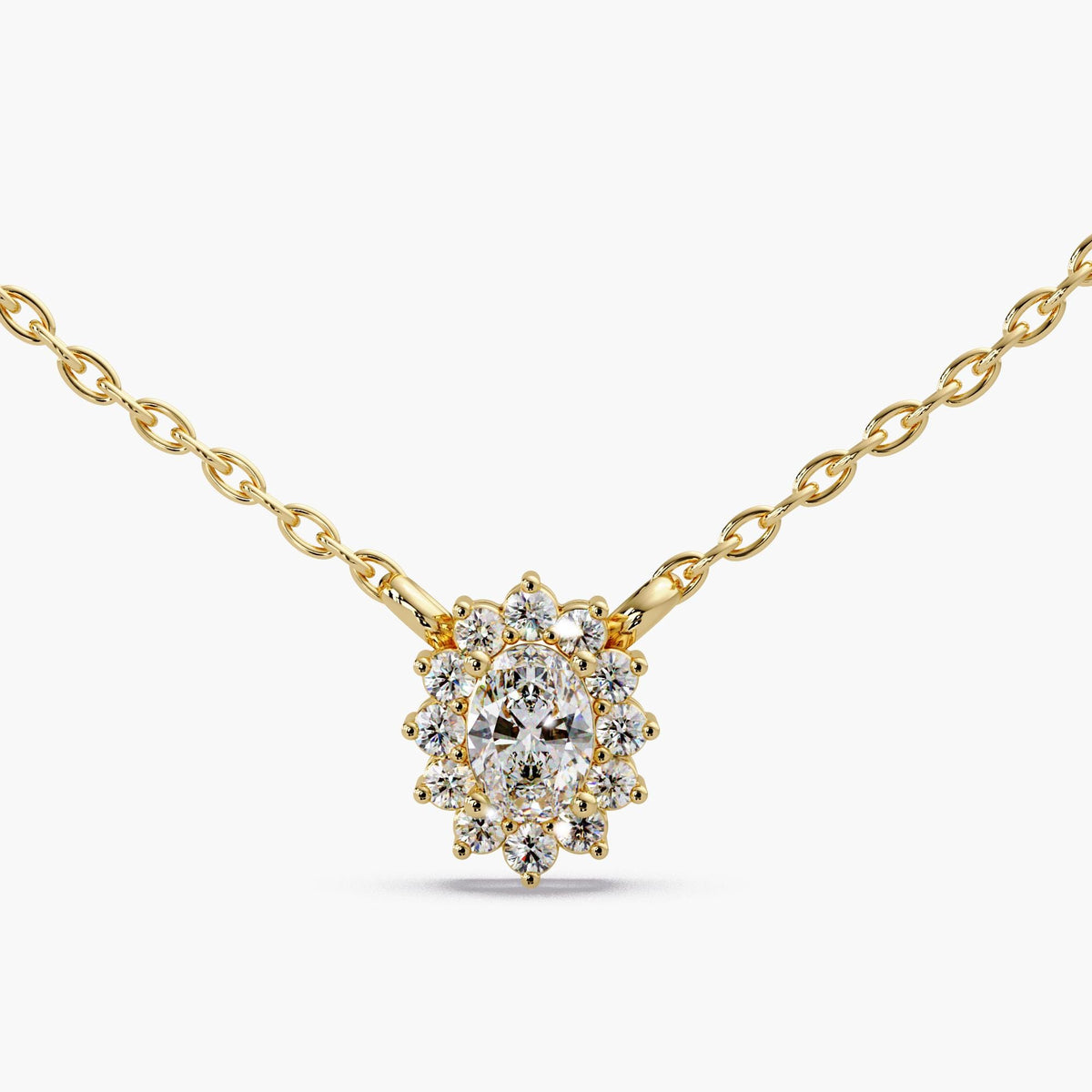 Dainty Oval Halo Diamond Pendant, Sunburst Halo Necklace, 14K Gold Lab Diamond Necklace