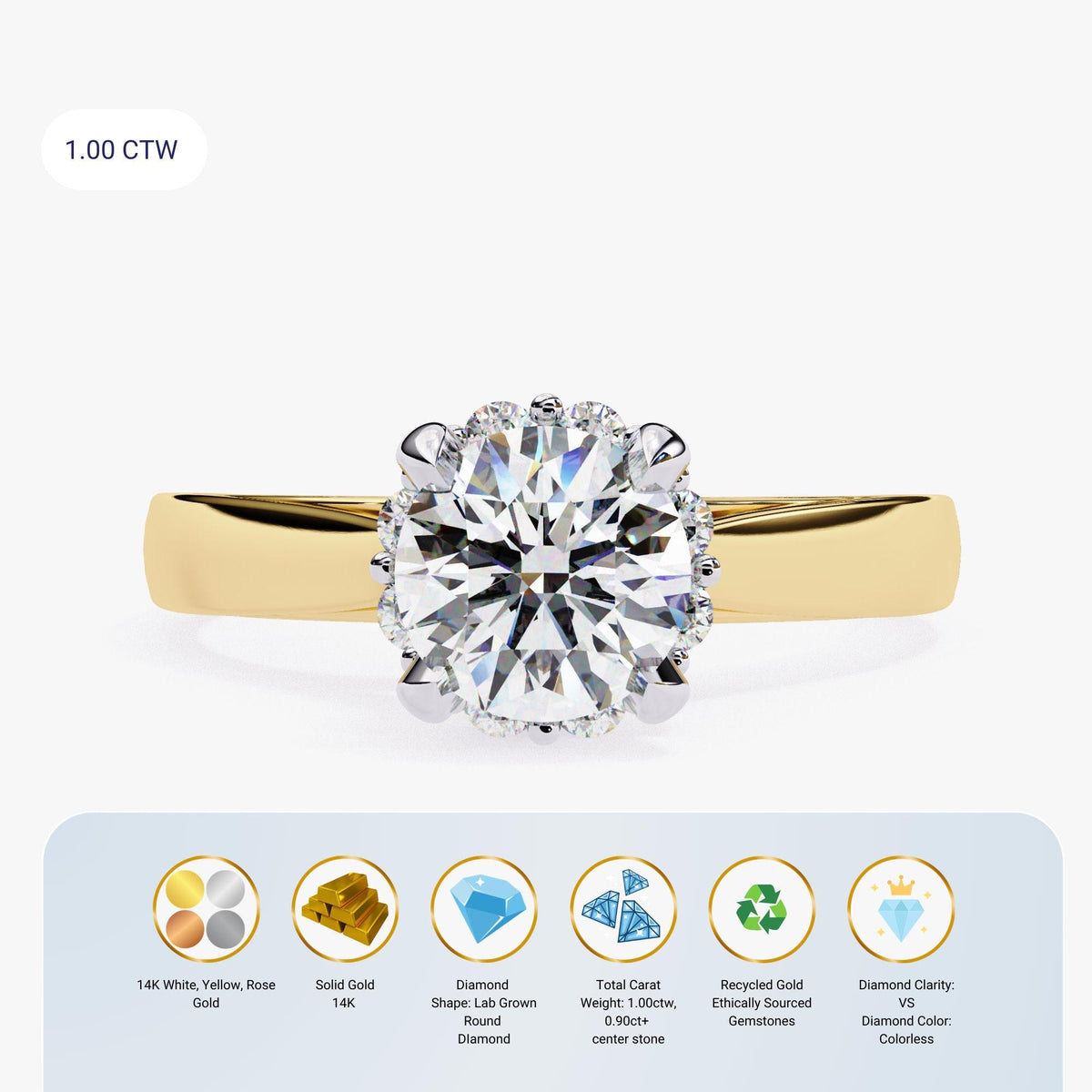 The image is a detailed description of a diamond ring, including its size, color, clarity, and the number of gemstones.