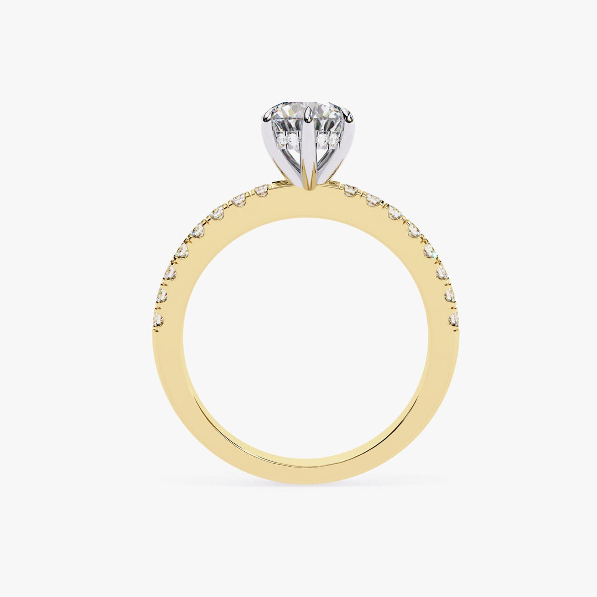 A gold engagement ring with a large diamond set in the center, surrounded by smaller diamonds along the band.
