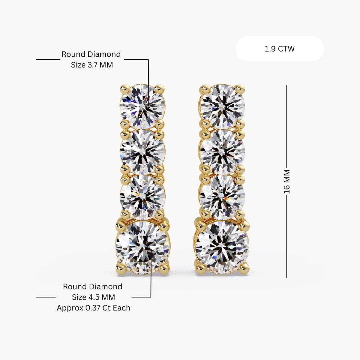14K yellow gold diamond line earrings, diamond bar earrings, lab diamond earrings, 14k gold diamond earrings, diamond graduating earrings, linear diamond earrings, round diamond earrings, 1.9 ctw diamond earrings