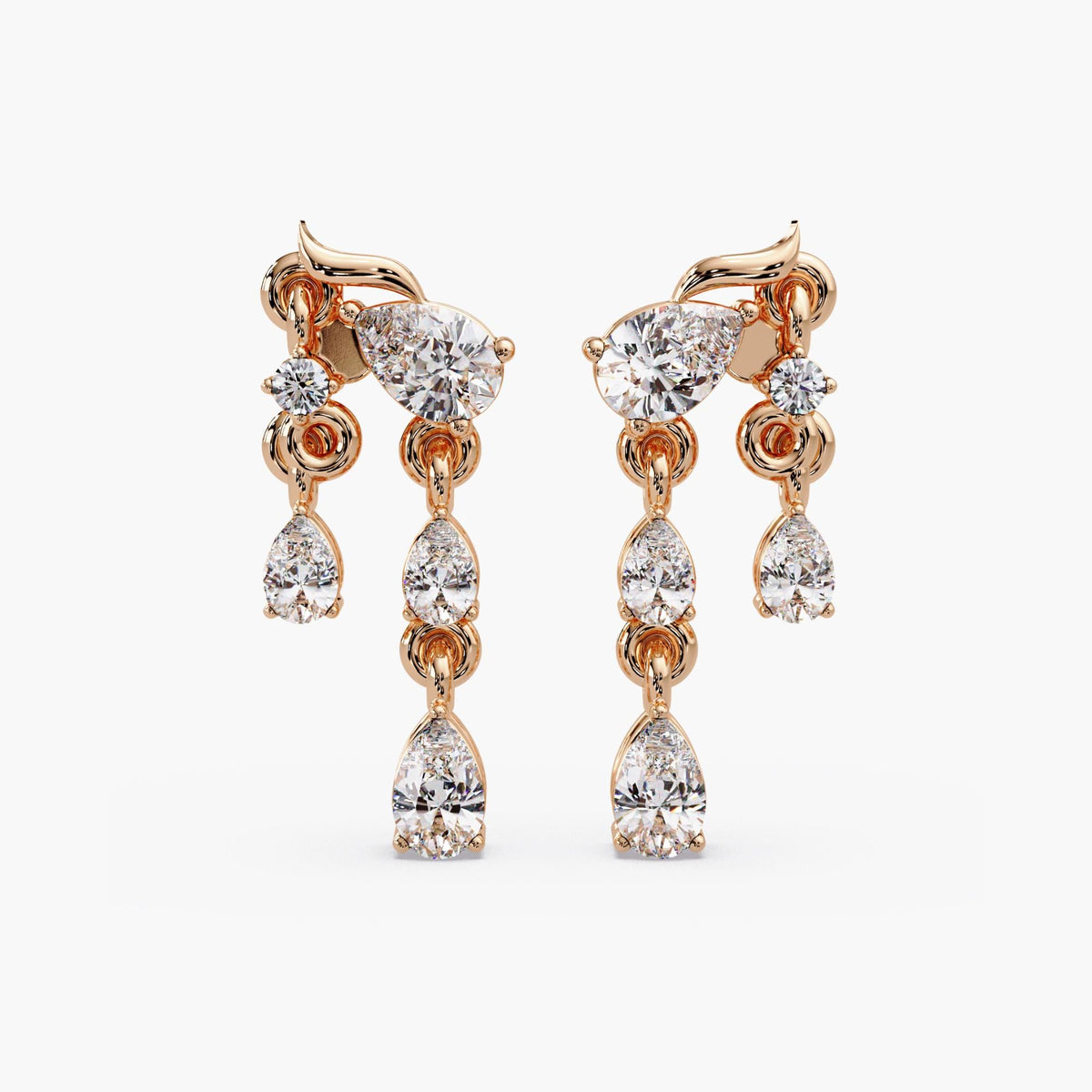 Fine jewelry 14K gold diamond chandelier earrings, pear shaped drop design with sparkling lab grown diamonds