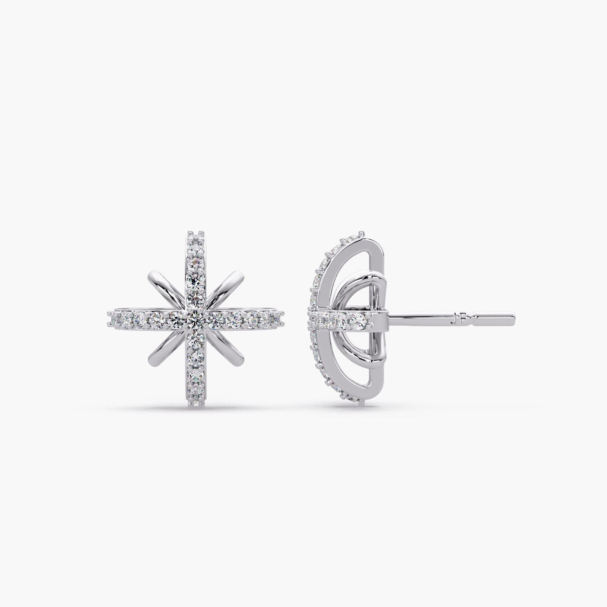 14K white gold natural diamond star stud earrings, pave set round diamonds in starburst design