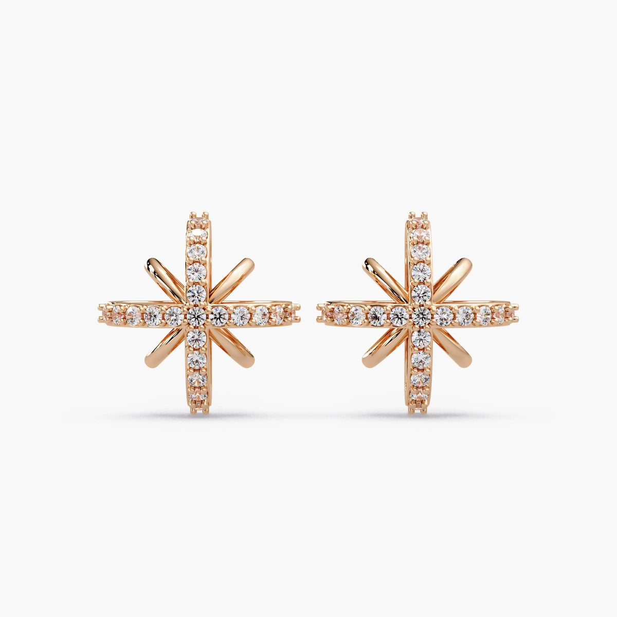 Fine jewelry 14K gold rose gold diamond star earrings, north star pave stud design